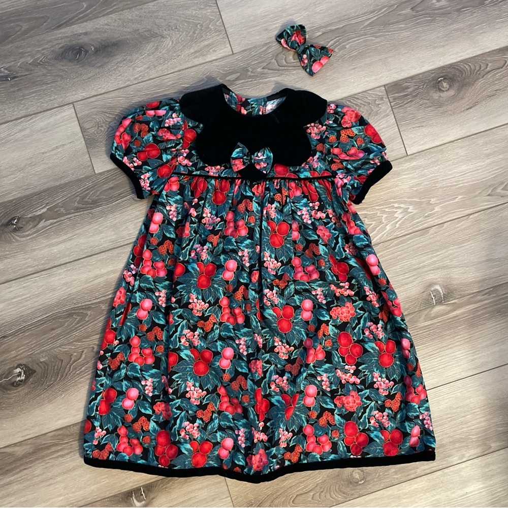Vintage Ginger Snaps Girl 4T Holiday Fruit & Floral Velvet Collar Dress USA